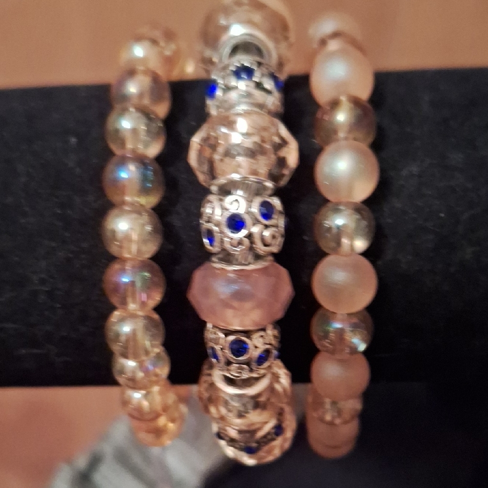 Chic Crystal Glass Beaded Bracelet Set - Silver and Beige